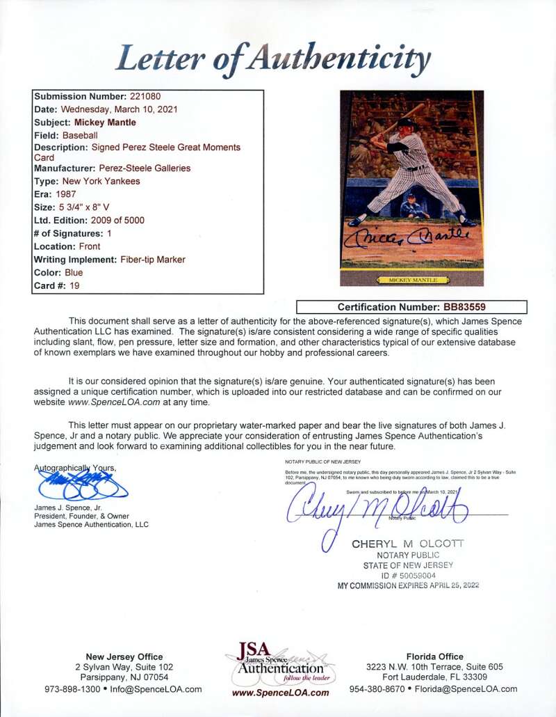 Mickey Mantle JSA Loa Signed Perez Steele Great Moments Postcard Autograph
