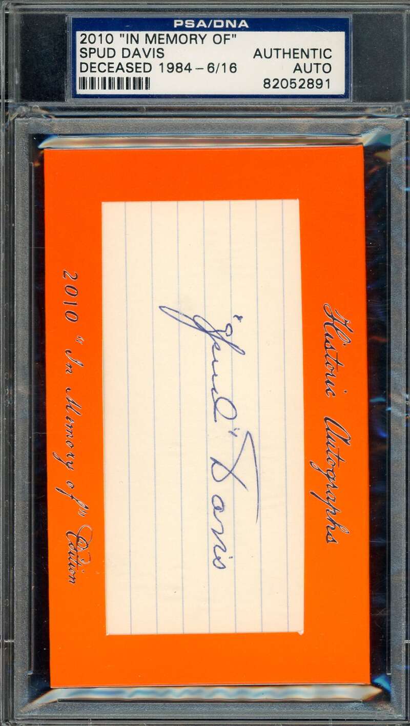 Spud Davis PSA DNA Signed 2010 In Memory Of 3x5 Index Card Historic Autograph