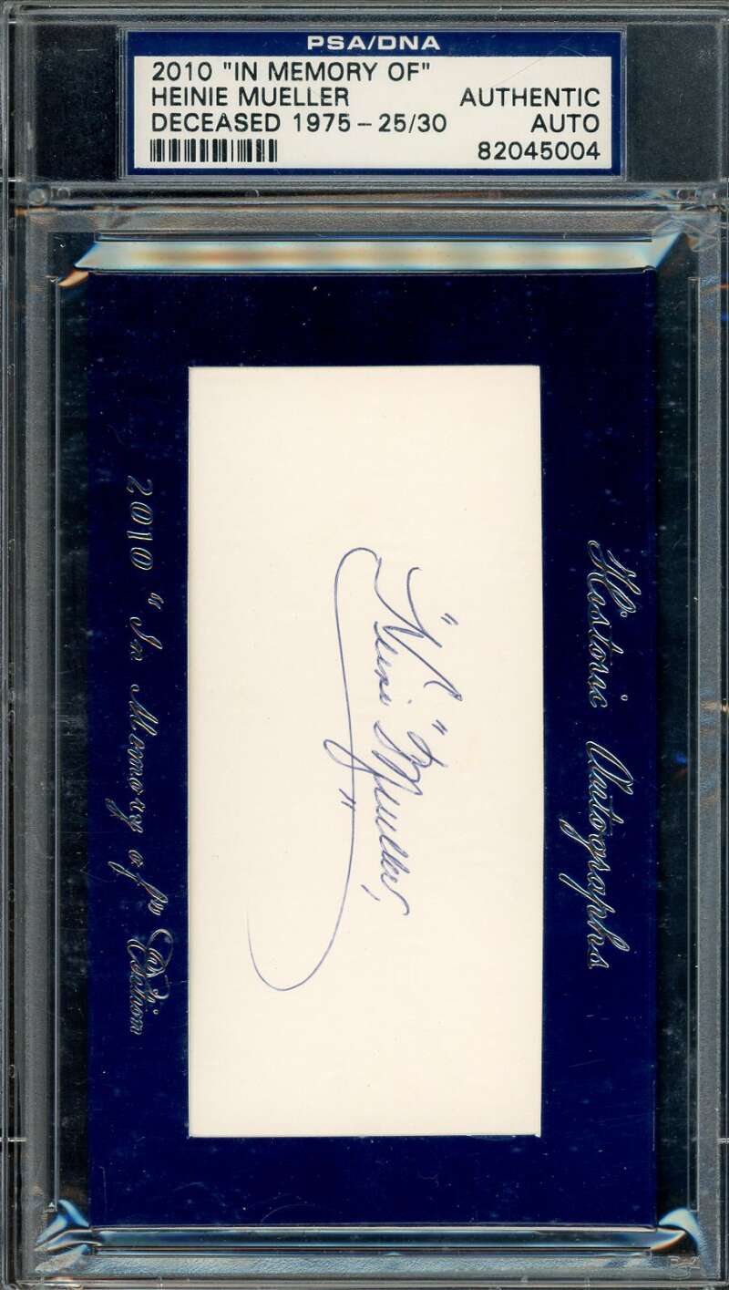 Heinie Mueller PSA DNA Signed 2010 In Memory Of 3x5 Index Card Historic Autograph