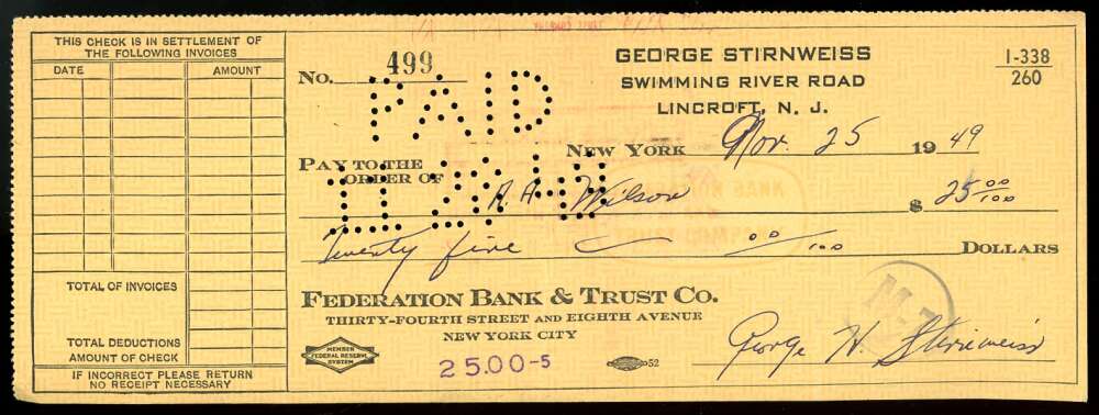 George Stirnweiss PSA DNA Signed 1949 Personal Check Autograph