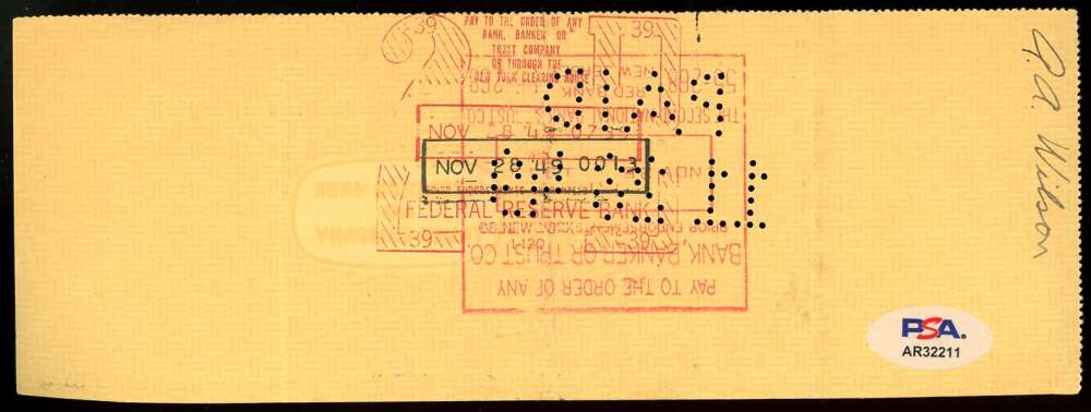 George Stirnweiss PSA DNA Signed 1949 Personal Check Autograph