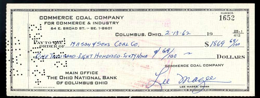 Lee Magee PSA DNA Signed 1962 Personal Check Autograph