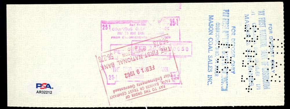Lee Magee PSA DNA Signed 1962 Personal Check Autograph