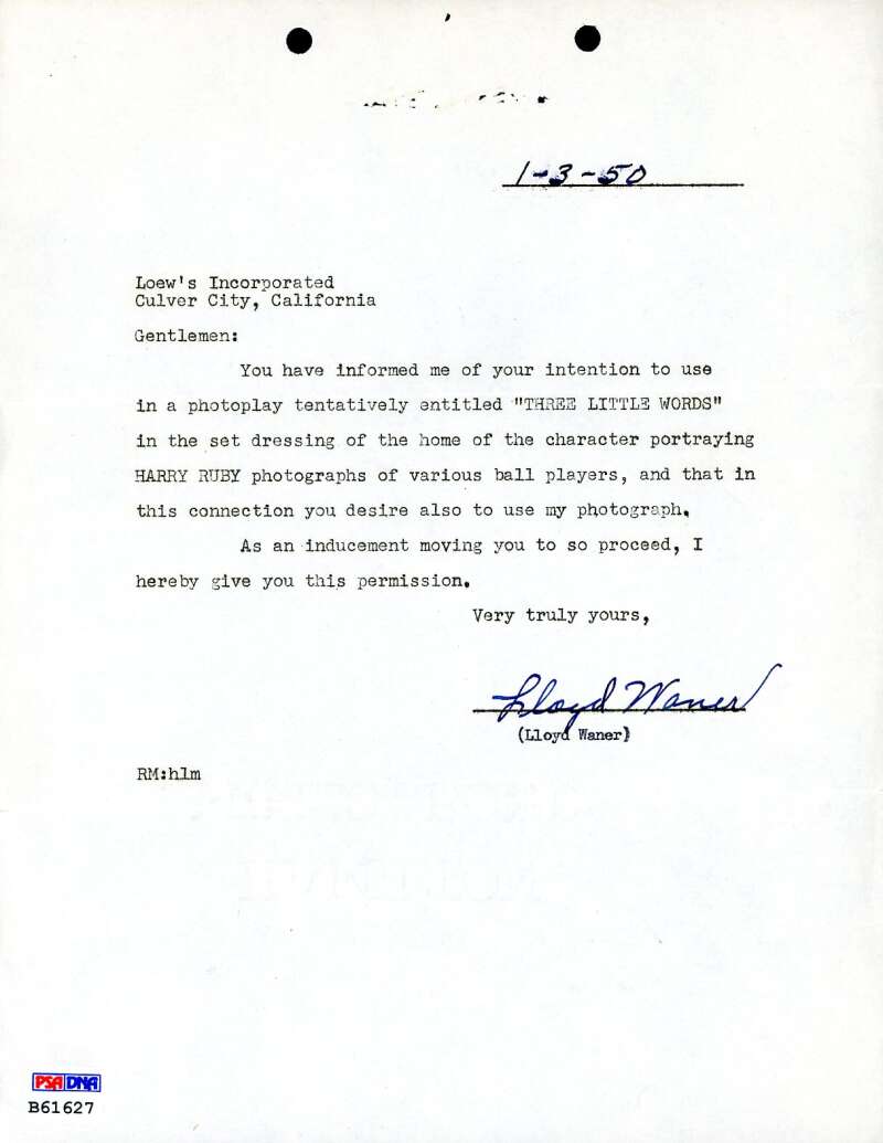Lloyd Waner PSA DNA Signed 1950 Letter Autograph