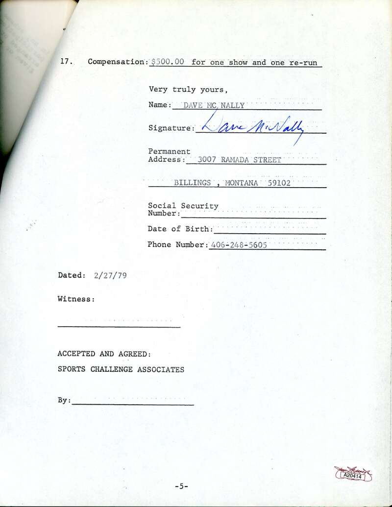 Dave McNally JSA Coa Signed 1979 Sports Challenge Contract Autograph