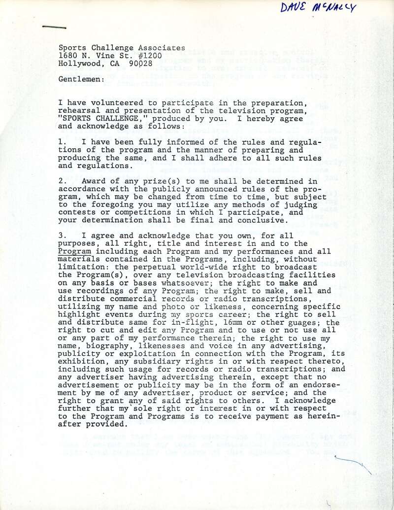 Dave McNally JSA Coa Signed 1979 Sports Challenge Contract Autograph