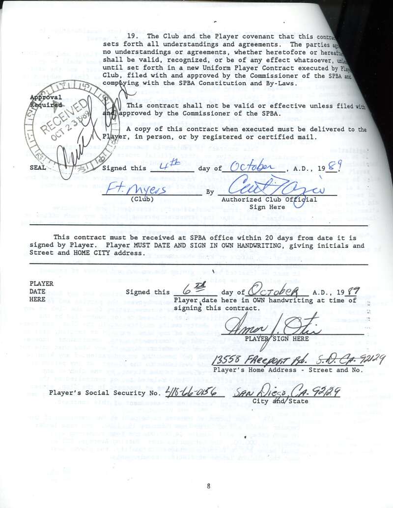 Curt Flood Amos Otis PSA DNA Signed 1989 Senior League Contract Autograph