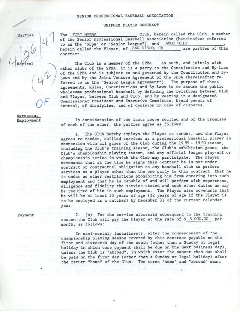 Curt Flood Amos Otis PSA DNA Signed 1989 Senior League Contract Autograph