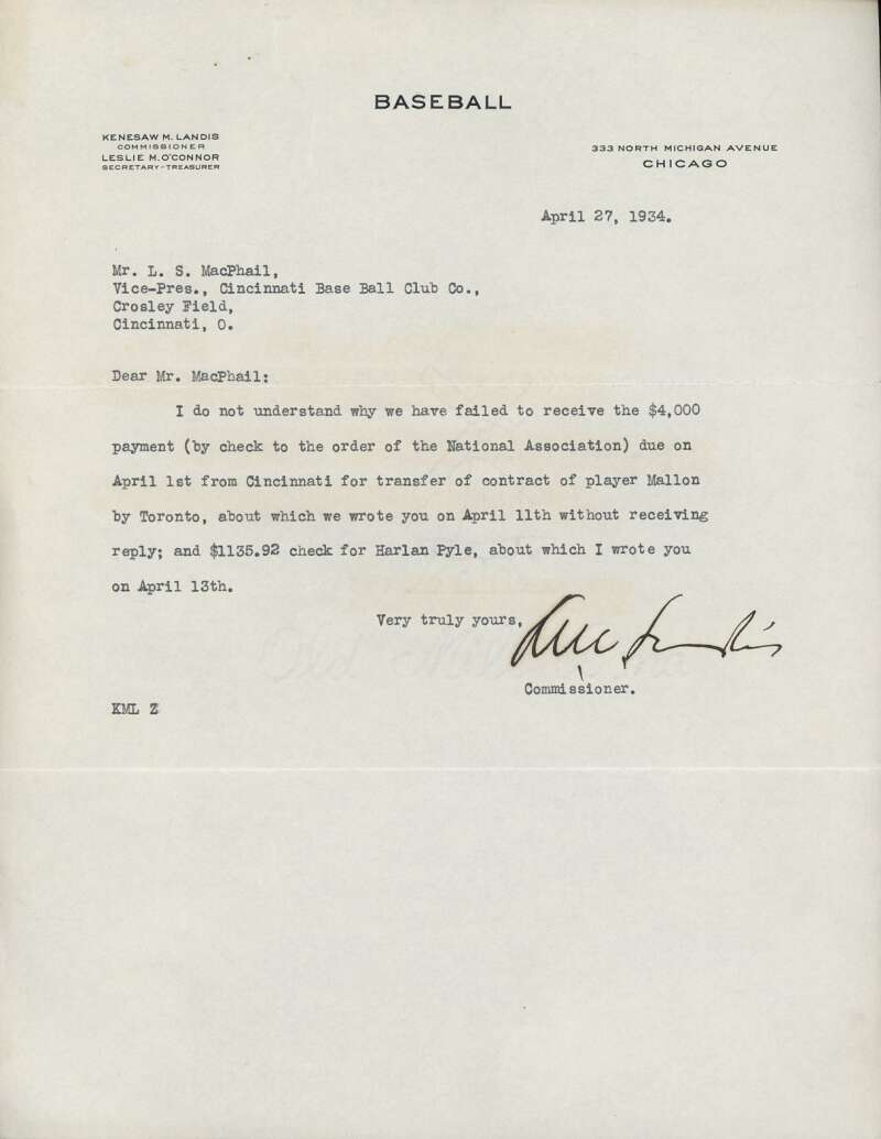 Kenesaw Mountain Landis JSA Loa Signed 1934 Letter to Larry MacPhail Autograph