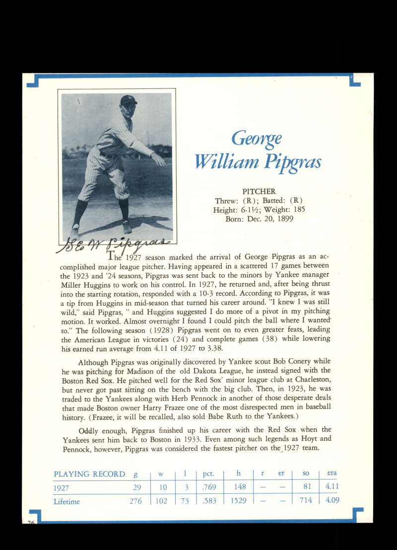 George Pipgras PSA DNA Signed 8x10 Photo Autograph