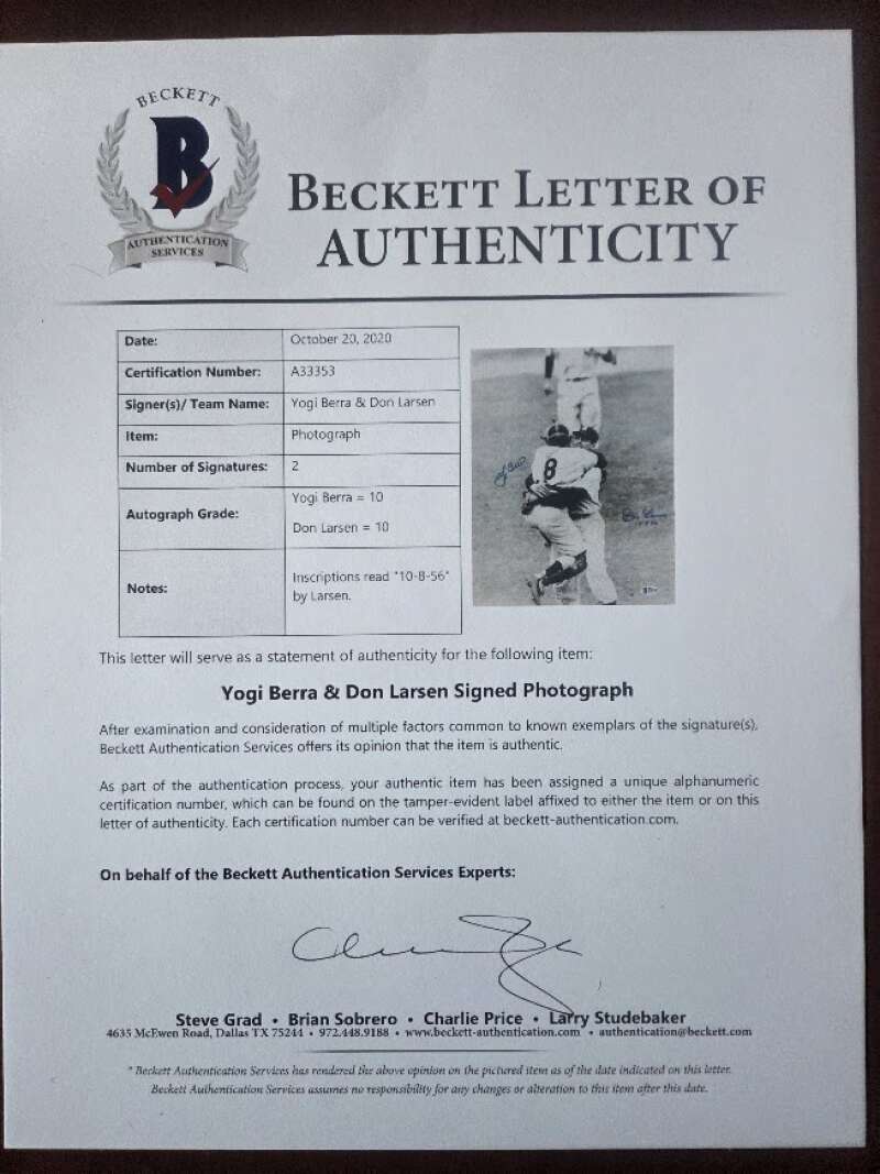 Yogi Berra Don Larsen Beckett BAS Signed 11x14 Photo Autograph
