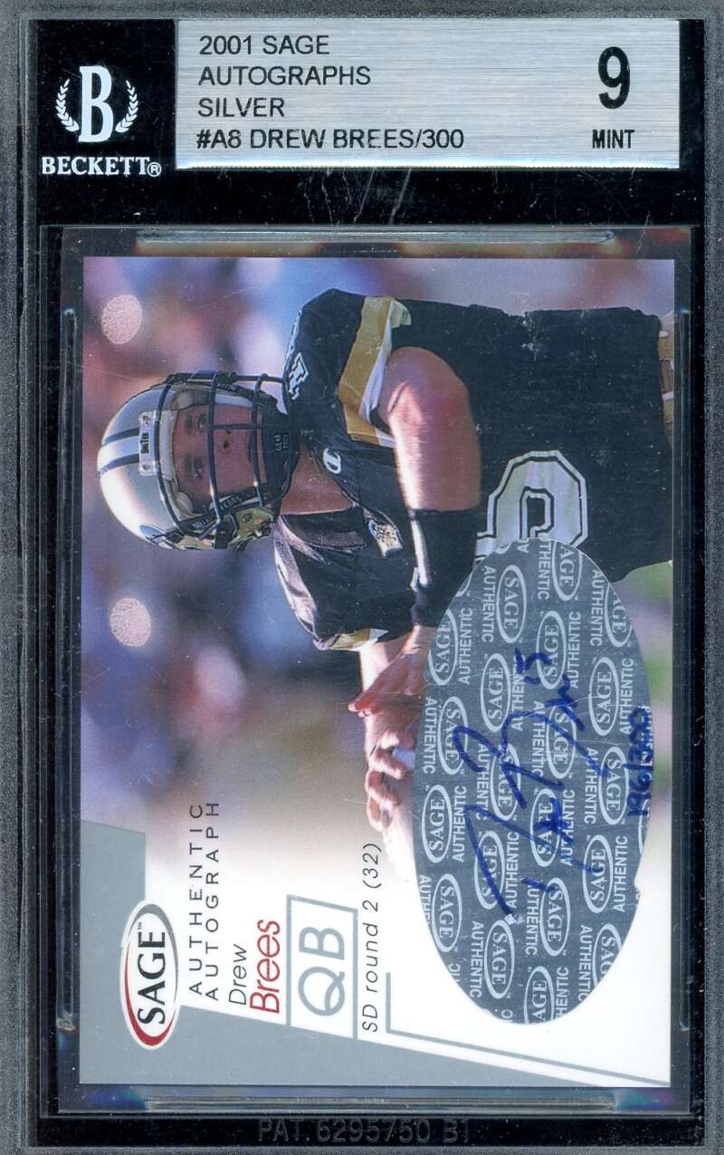 Drew Brees Mint 9 Beckett BAS Signed 2001 Sage Silver Rookie Autograph