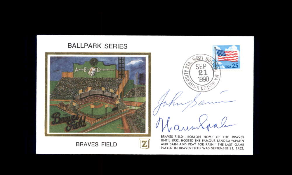 Johnny Sain Warren Spahn PSA DNA Signed 1990 First Day Cover Cache FDC Ballpark Series Braves Autograph