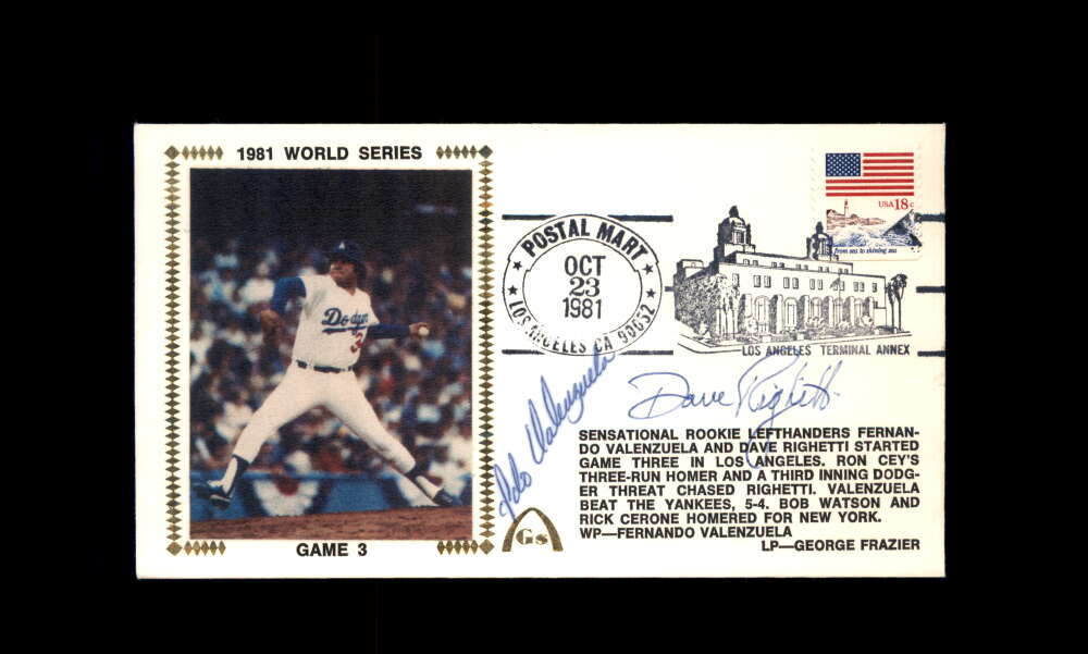 Fernando Valenzuela Dave Righetti PSA DNA Signed by 2 1981 First Day Cover Cache FDC 1981 World Series Autograph