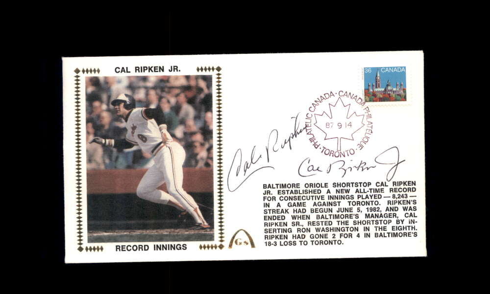 Cal Ripken Jr  Sr PSA DNA Signed 1987 First Day Cover Cache FDC Record Innings Autograph