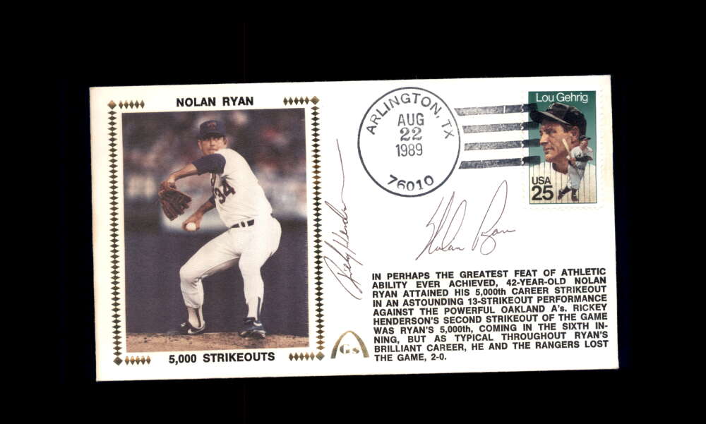 Nolan Ryan Rickey Henderson PSA DNA Signed 1989 First Day Cover Cache FDC 5000 Ks Autograph