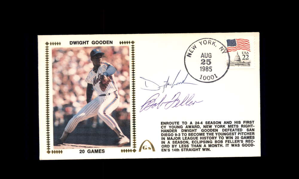 Dwight Gooden Bob Feller PSA DNA Signed 1985 First Day Cover Cache FDC 20 Games Autograph