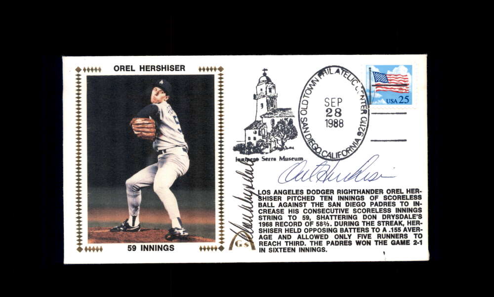 Don Drysdale Orel Hershiser PSA DNA Signed 1988 First Day Cover Cache FDC 59 Innings Autograph