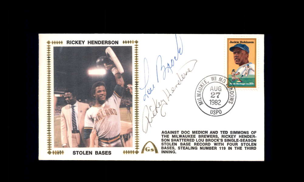 Lou Brock Rickey Henderson PSA DNA Signed 1982 First Day Cover Cache FDC Stolen Bases Autograph