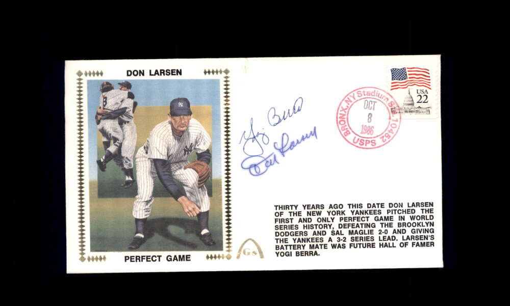 Don Larsen Yogi Berra PSA DNA Signed 1986 First Day Cover Cache FDC Perfect Game Autograph