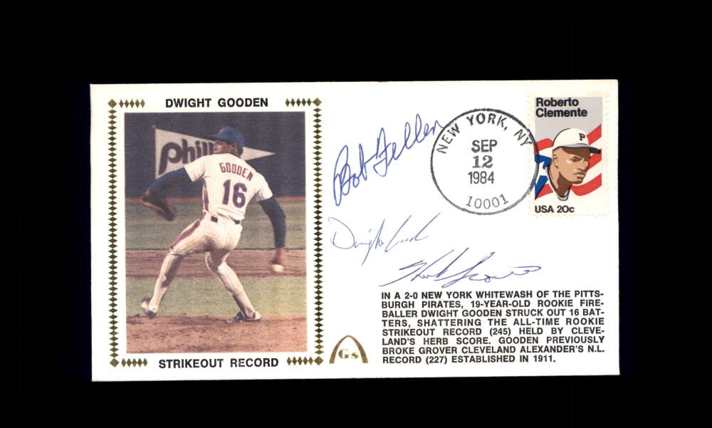 Bob Feller Doc Gooden Herb Score PSA DNA Signed by 3 1984 First Day Cover Cache FDC Strikeout Record Autograph