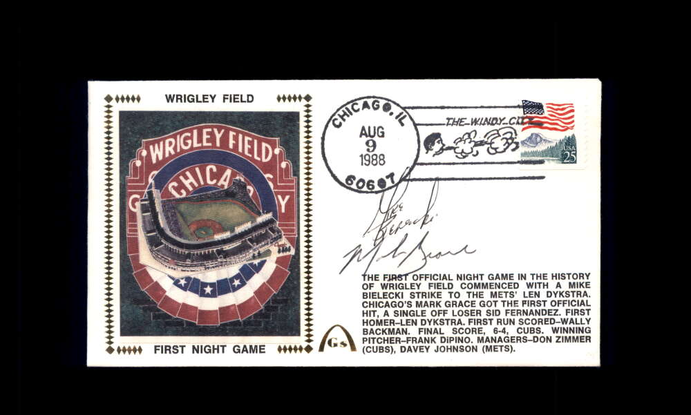 Mark Grace Mike Bielecki PSA DNA Signed 1988 First Day Cover Cache FDC 1st Wrigley Night Game Autograph