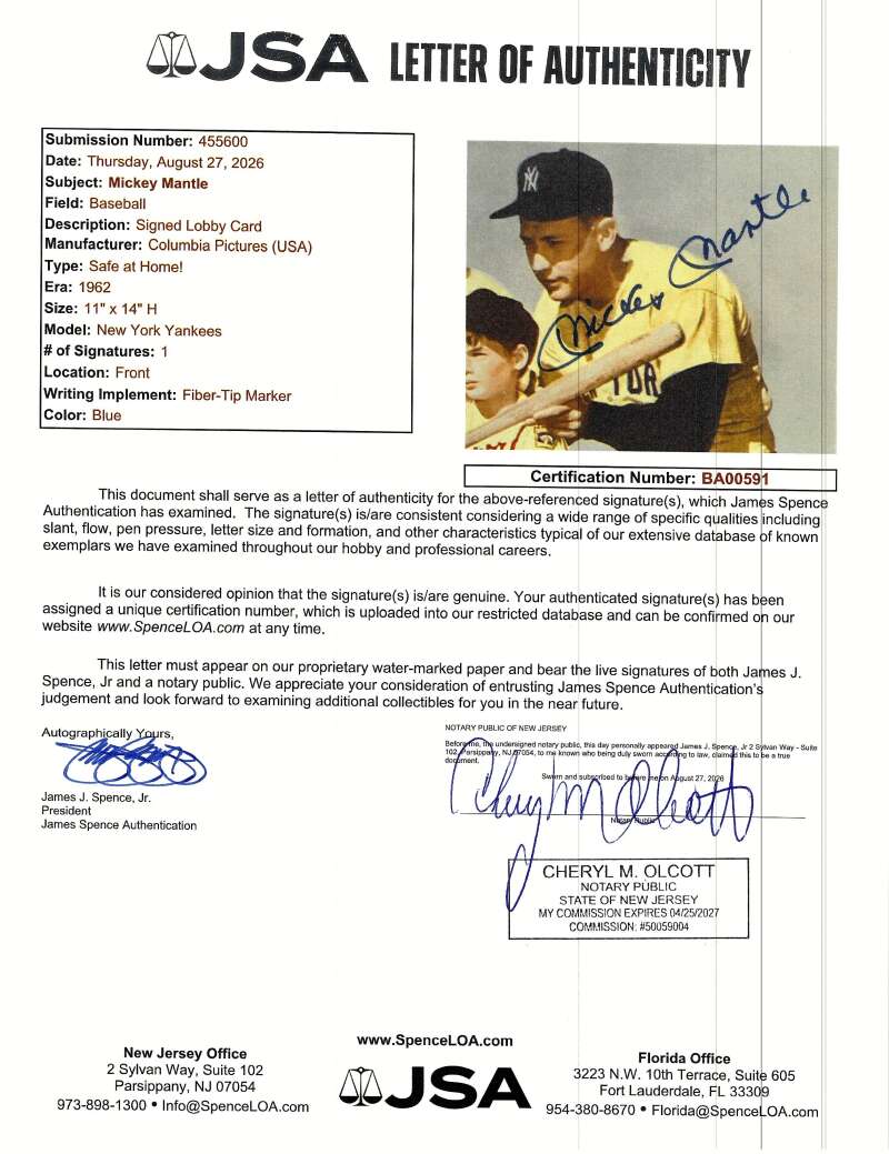 Mickey Mantle JSA Loa Signed 11x14 Safe at Home Original Lobby Card Autograph