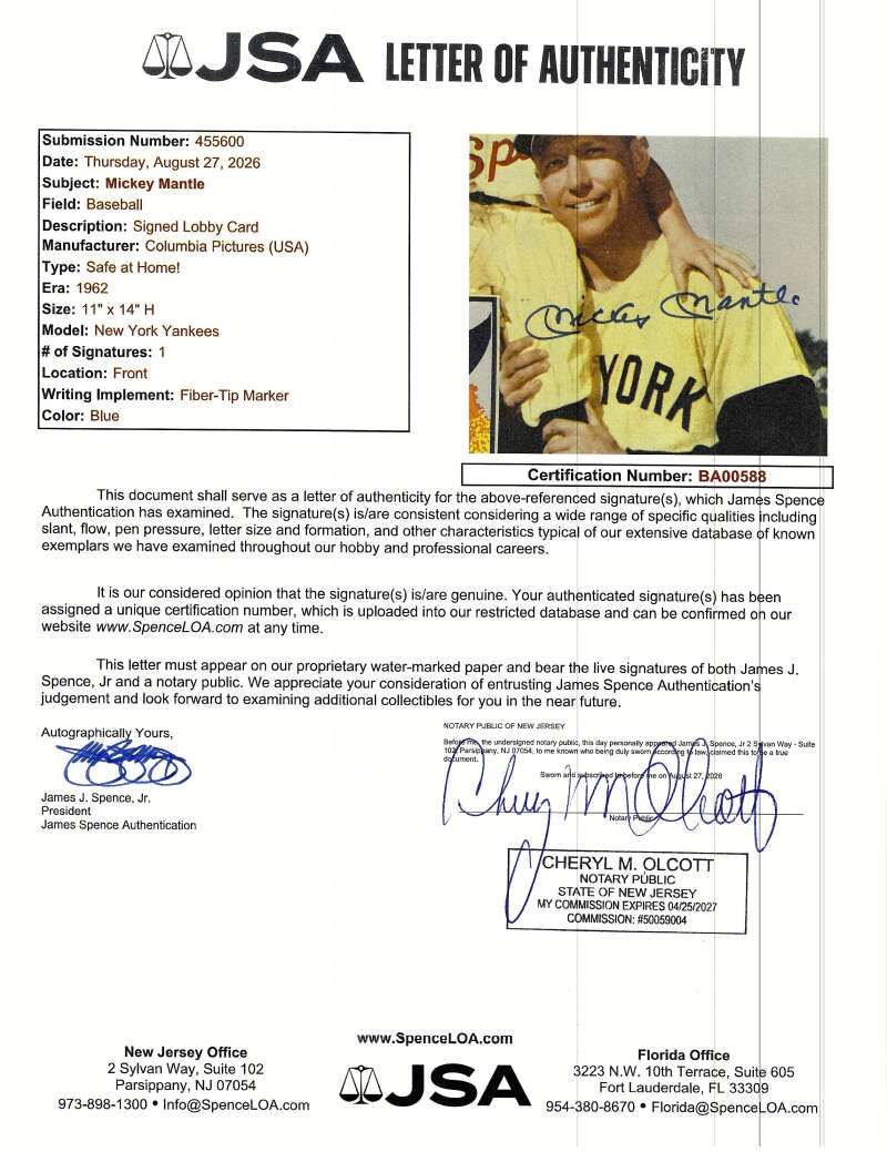 Mickey Mantle JSA Loa Signed 11x14 Safe at Home Original Lobby Card Autograph