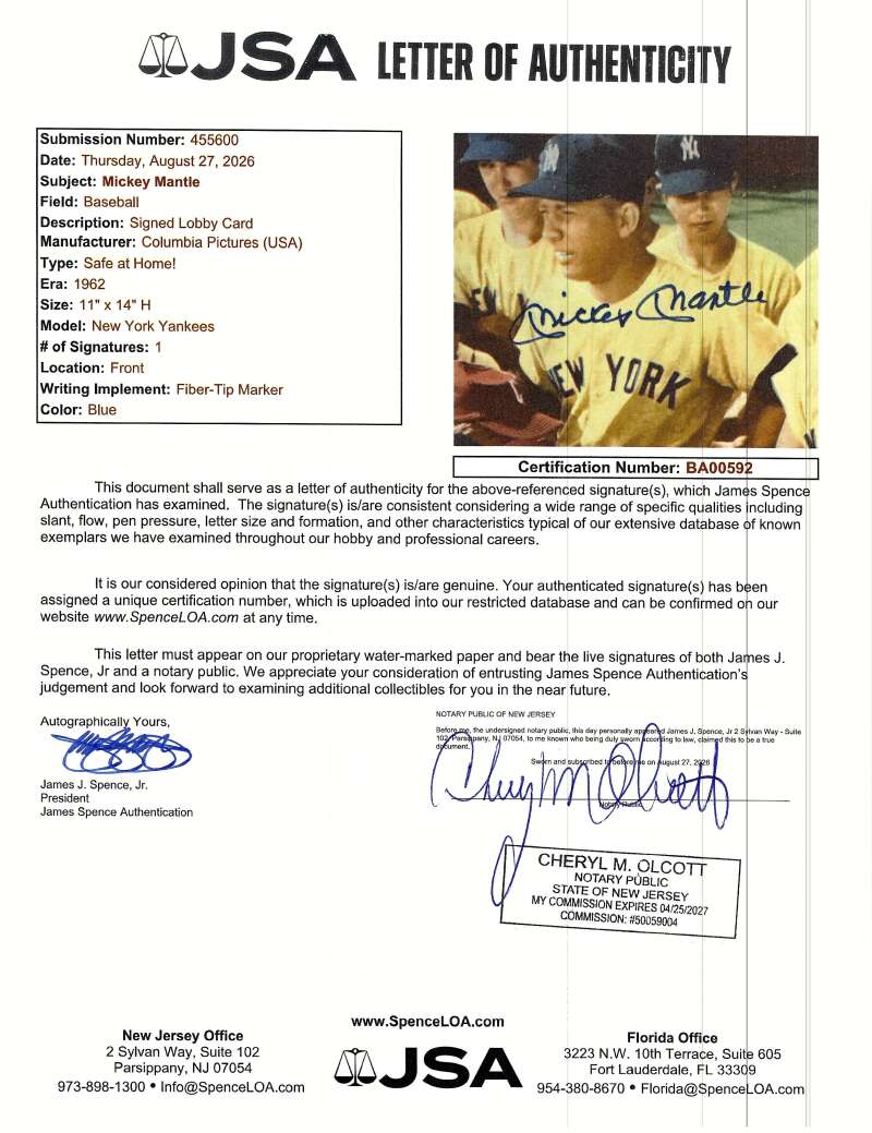 Mickey Mantle JSA Signed 11x14 Safe at Home Original Lobby Card Autograph