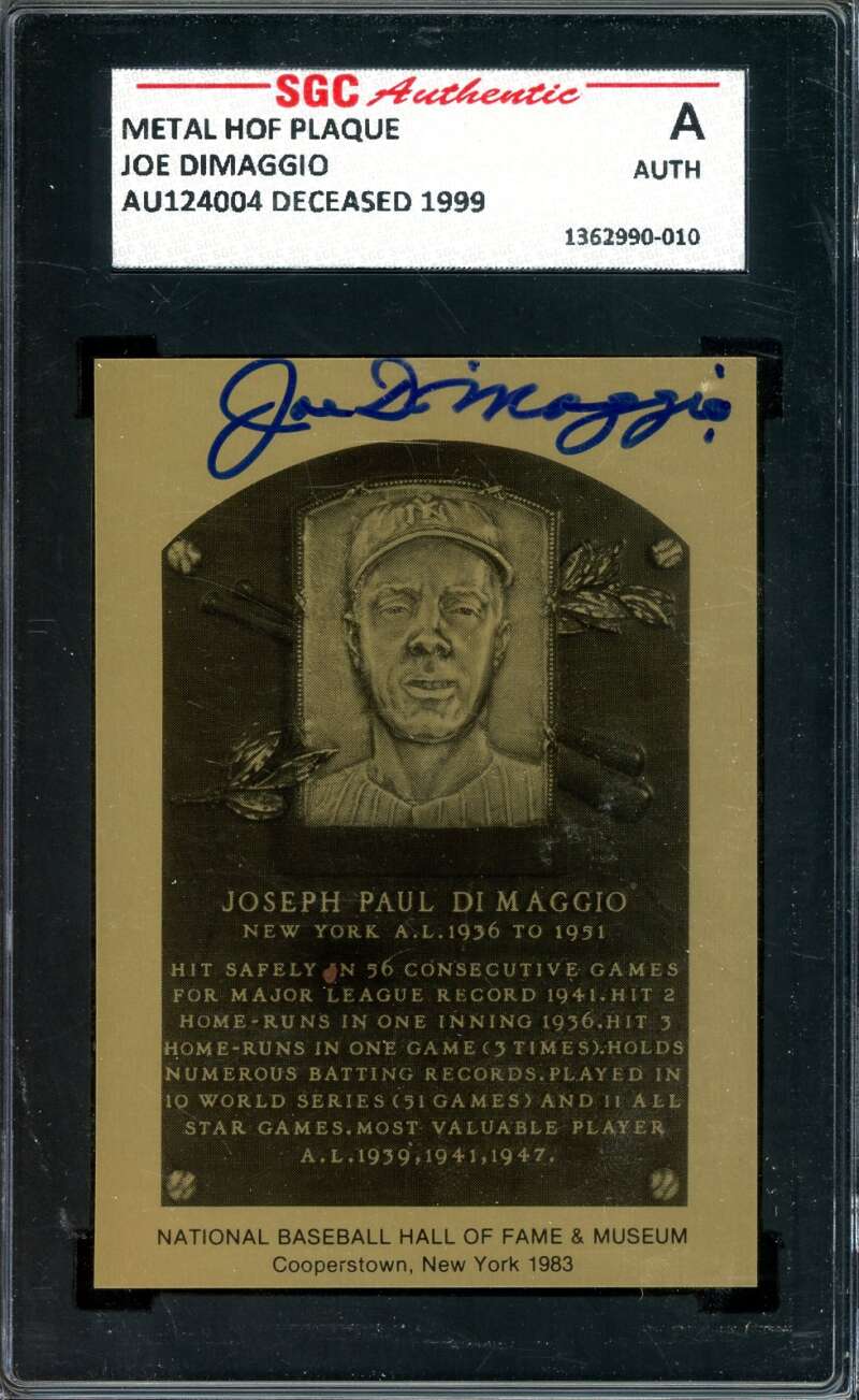 Joe DiMaggio SGC Coa Signed Gold Metallic HOF Plaque Autograph