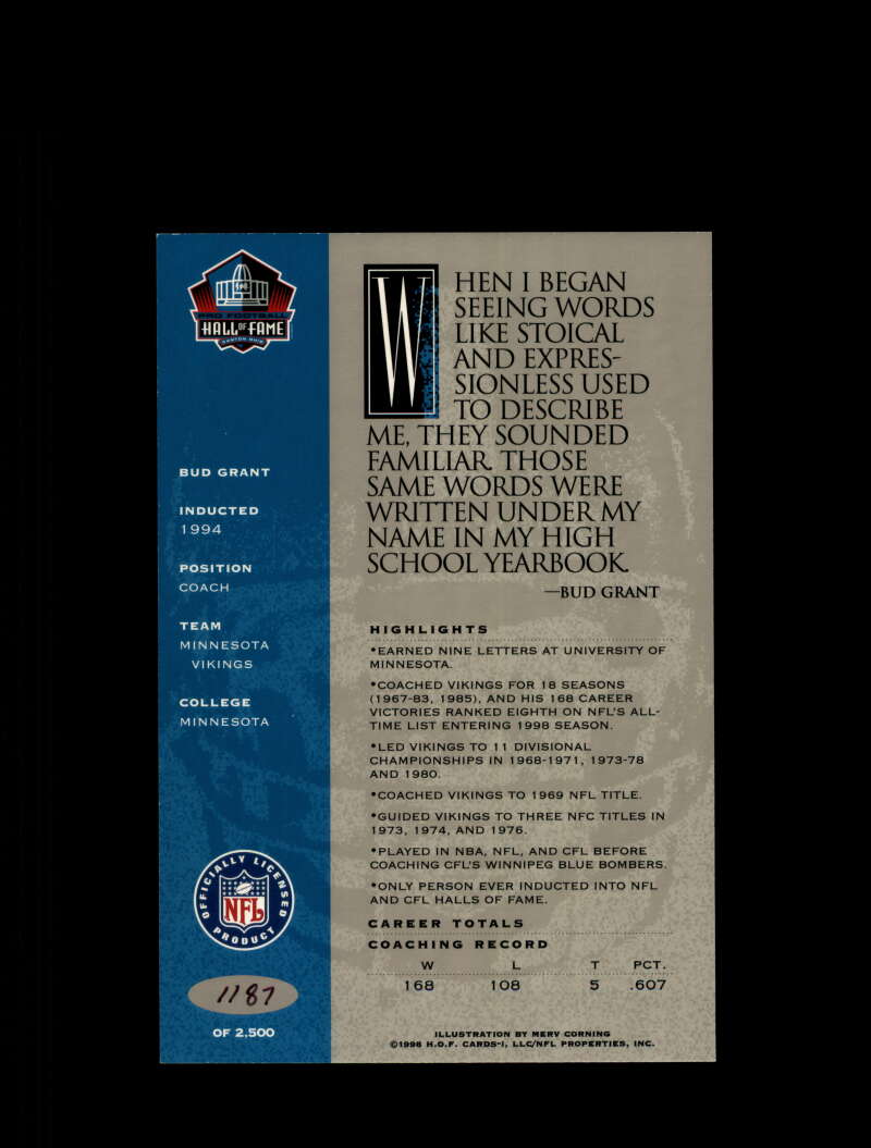 Bud Grant Signed 1998 HOF Signature Series Autograph