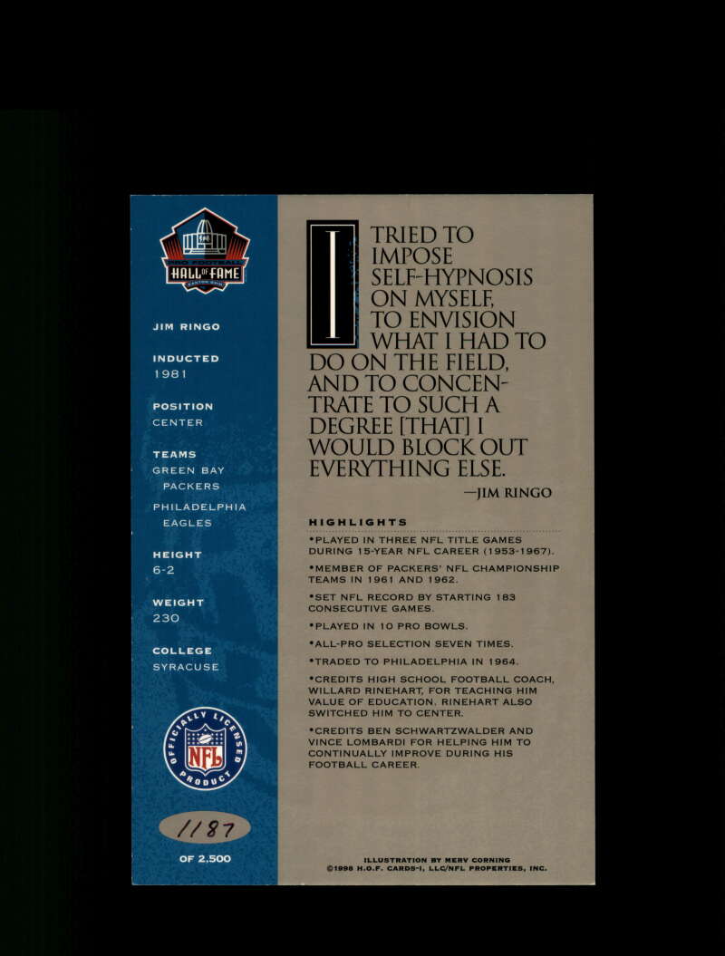 Jim Ringo Signed 1998 HOF Signature Series Autograph