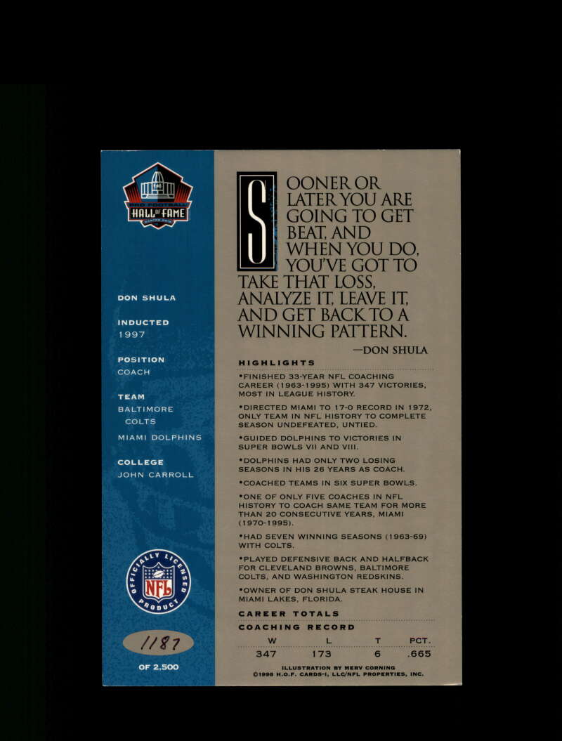 Don Shula Signed 1998 HOF Signature Series Autograph