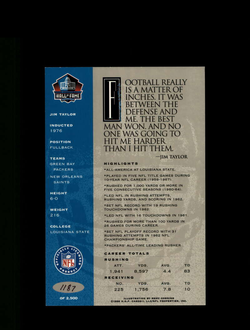 Jim Taylor Signed 1998 HOF Signature Series Autograph