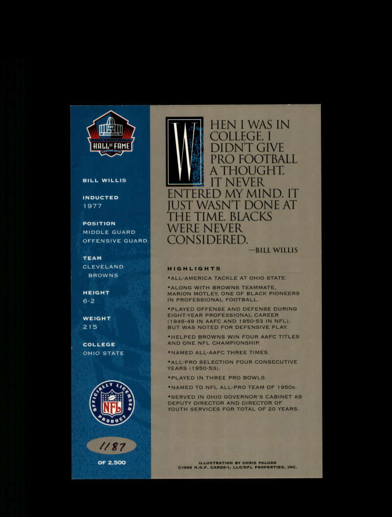 Bill Willis Signed 1998 HOF Signature Series Autograph