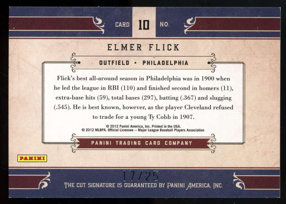 Elmer Flick Panini Coa Signed 2012 Panini Souvenir Cuts Autograph