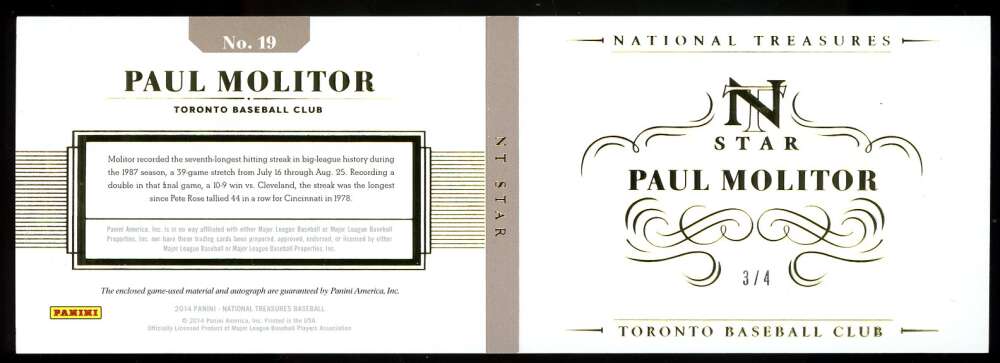 Paul Molitor Panini Coa Signed 2014 Panini National Treasure 3/4 Autograph