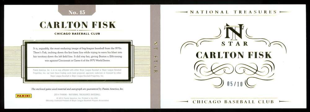 Carlton Fisk Panini Coa Signed 2014 Panini National Treasure 5/10 Autograph
