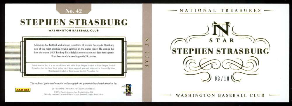 Stephen Strasburg Panini Coa Signed 2014 Panini National Treasure 3/10 Autograph