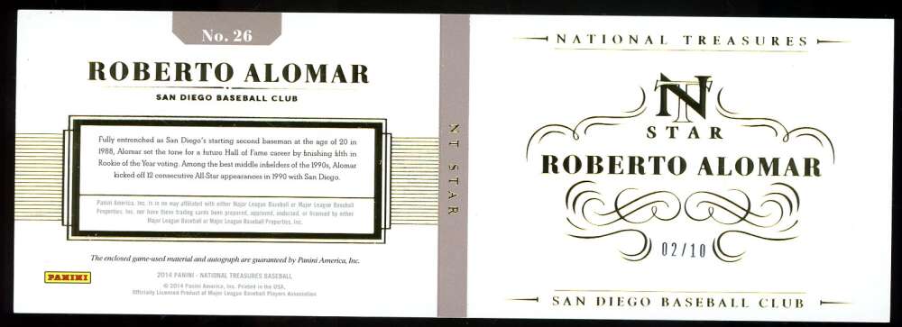 Roberto Alomar Panini Coa Signed 2014 Panini National Treasure 2/10 Autograph