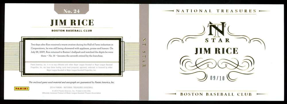 Jim Rice Panini Coa Signed 2014 Panini National Treasure 9/10 Autograph