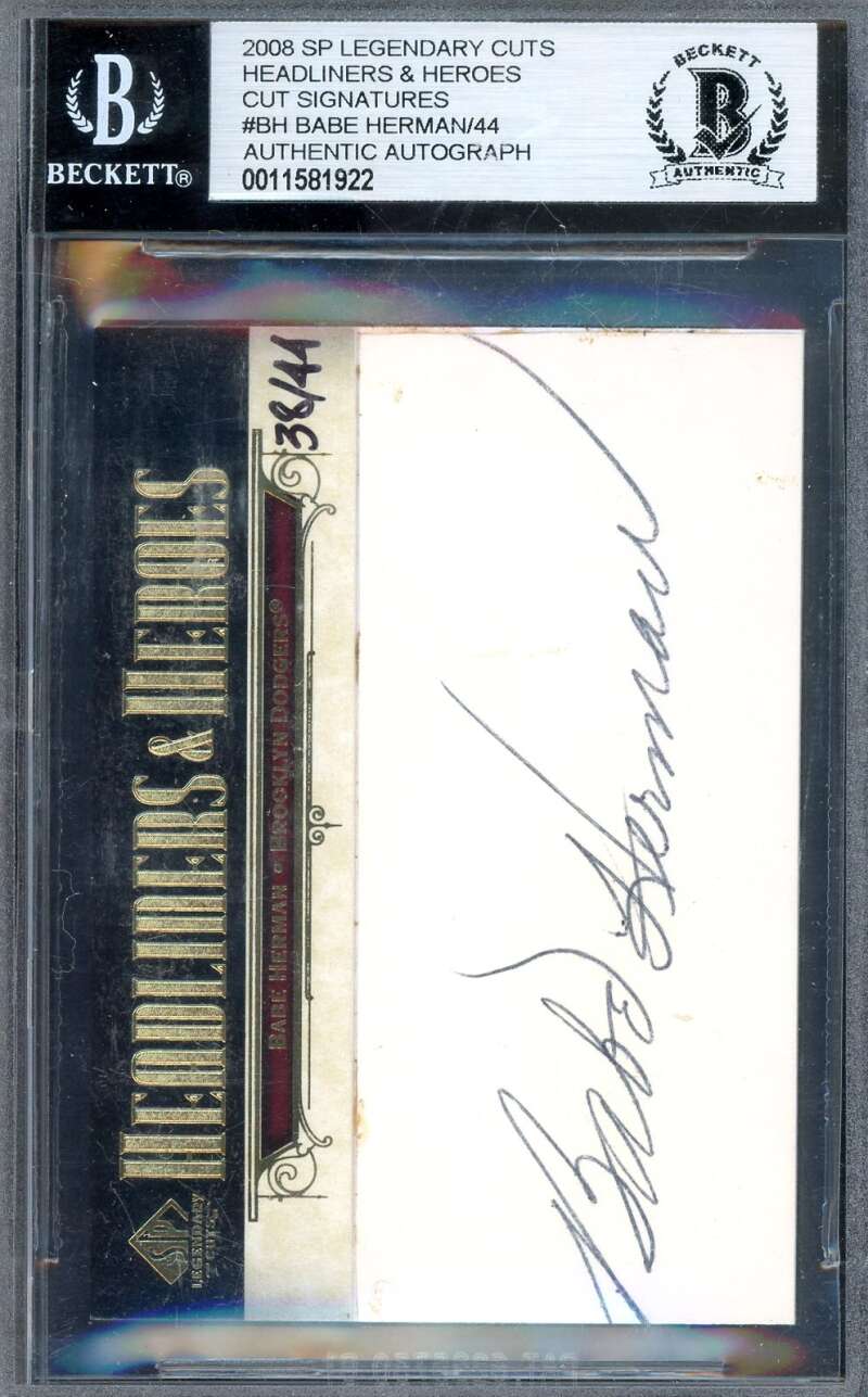 Babe Herman Beckett BAS Signed 2008 Upper Deck SP Legendary Cuts Autograph