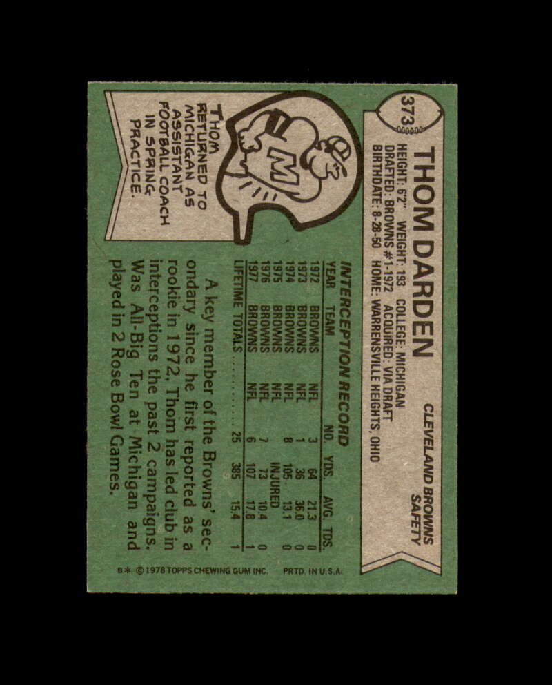 Thom Darden Signed 1978 Topps Cleveland Browns Autograph