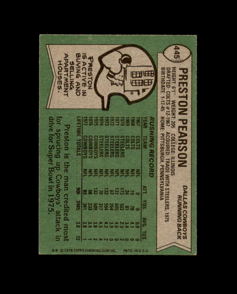 Preston Pearson Signed 1978 Topps Cowboys Autograph