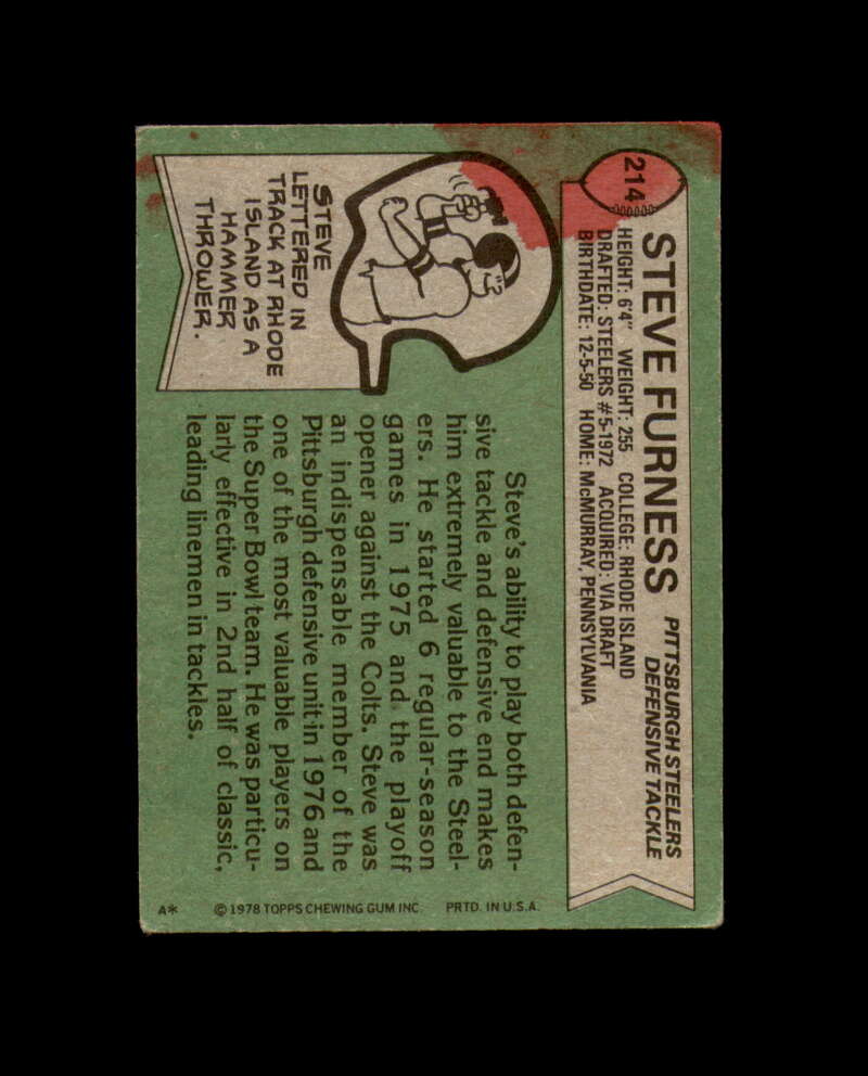 Steve Furness Signed 1978 Topps Steelers Autograph