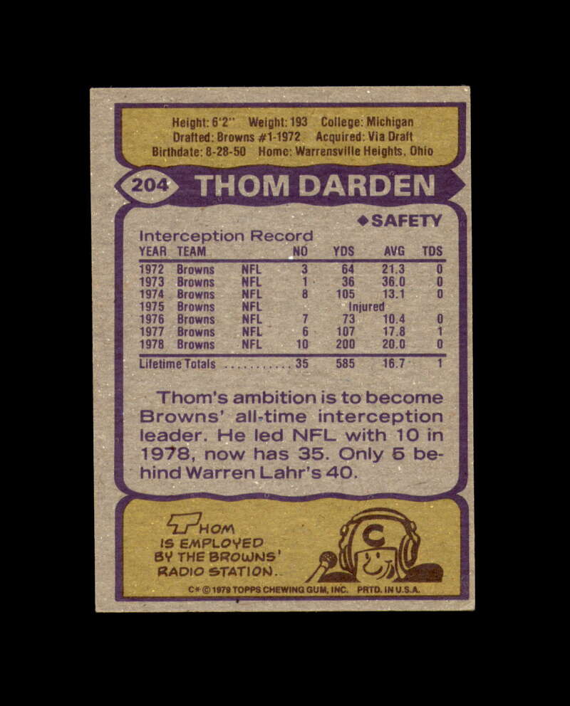 Thom Darden Signed 1979 Topps Cleveland Browns Autograph