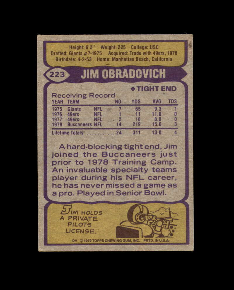 Jim Obradovich Signed 1979 Topps Tampa Bay Buccaneers Autograph