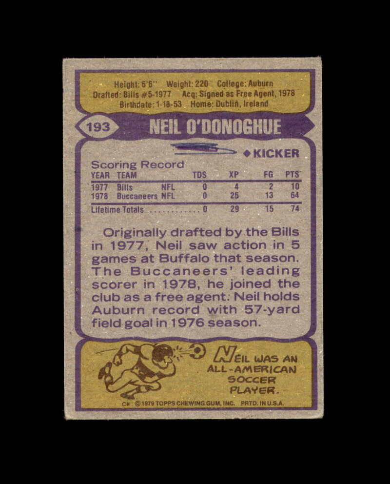Neil O'Donoghue Signed 1979 Topps Tampa Bay Buccaneers Autograph