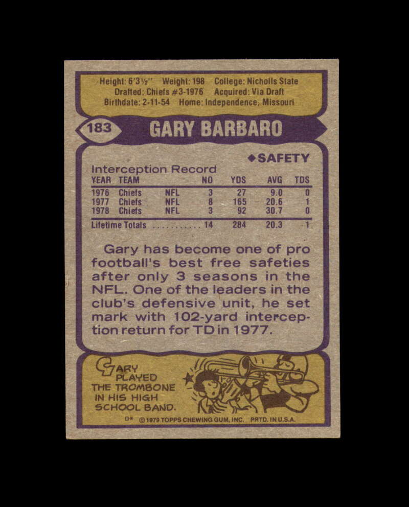 Gary Barbaro Signed 1979 Topps Chiefs Autograph