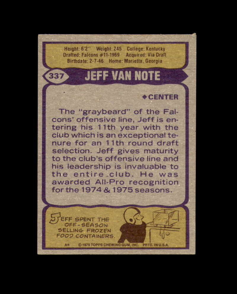 Jeff Van Note Signed 1979 Topps Atlanta Falcons Autograph
